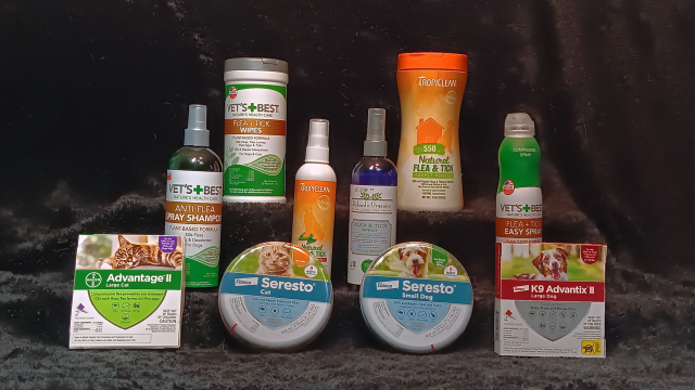 An assortment of Flea and Tick remedies for dogs and cats.